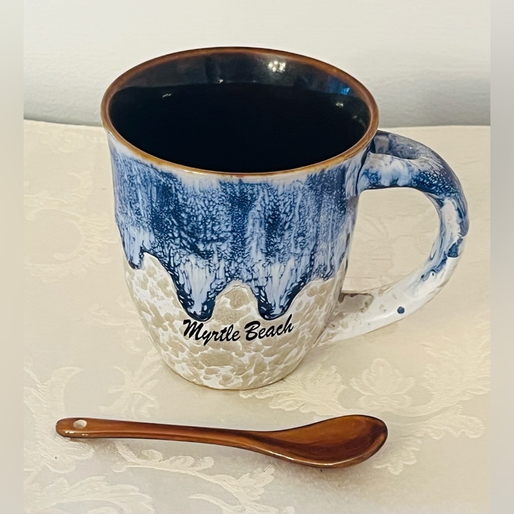 Myrtle Beach Ceramic Mug - Artisan Style- Hand Painted Look With Matching Spoon